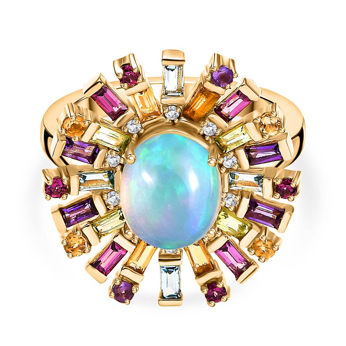 Designer Inspired - Ethiopian Opal & Multi Gemstones Ring in 18K Vermeil Yellow Gold Plated Sterling Silver 3.34 Ct.