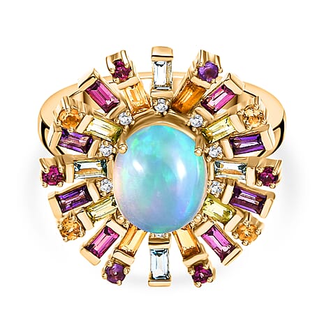 Designer Inspired - Ethiopian Opal & Multi Gemstones Ring in 18K Vermeil Yellow Gold Plated Sterling Silver 3.34 Ct.