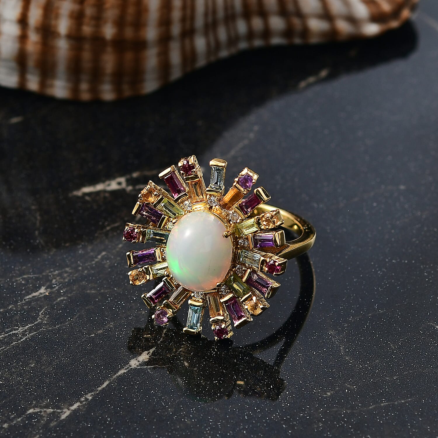 Designer Inspired - Ethiopian Opal & Multi Gemstones Ring in 18K Vermeil Yellow Gold Plated Sterling Silver 3.34 Ct.