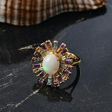 Designer Inspired - Ethiopian Opal & Multi Gemstones Ring in 18K Vermeil Yellow Gold Plated Sterling Silver 3.34 Ct.