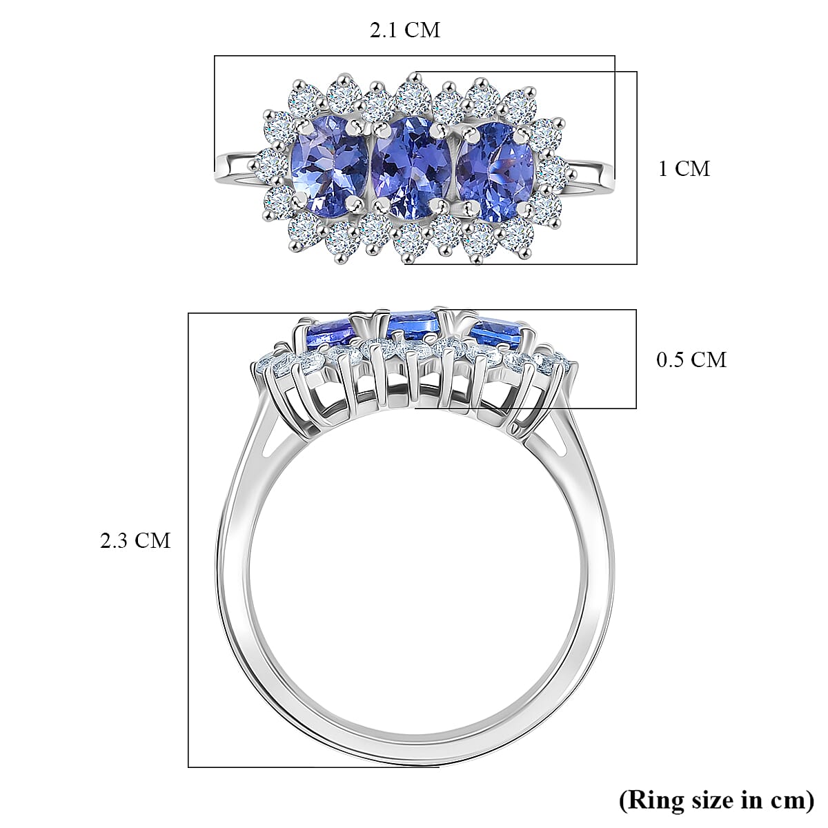 D’joy Tanzanite, White Zircon Main Stone With Side Stone Ring in Platinum OverlaySterling Silver  1.752  Ct.