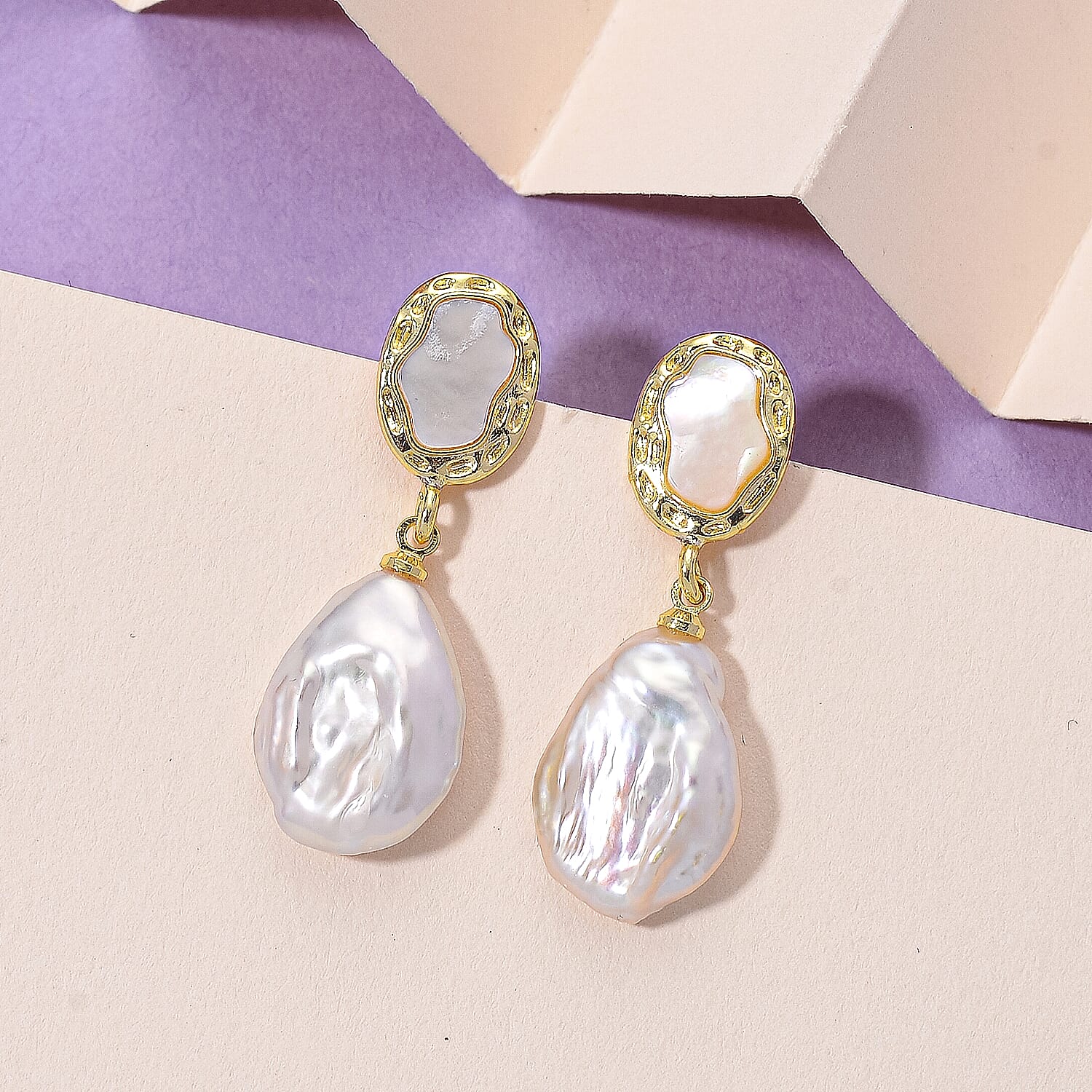 White Keshi Pearl & White Mother Of Pearl Earring with Push Back in Yellow Gold Plated 14.00 Ct.