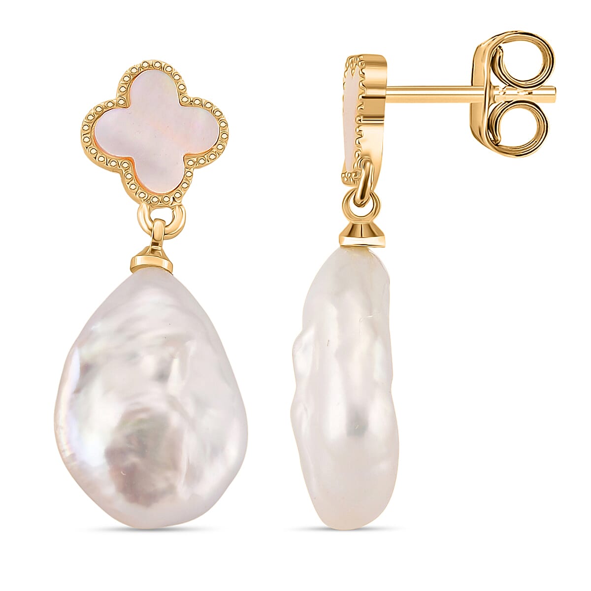 White Keshi Pearl & White Mother Of Pearl Earring with Push Back in Yellow Gold Tone 14.00 Ct.
