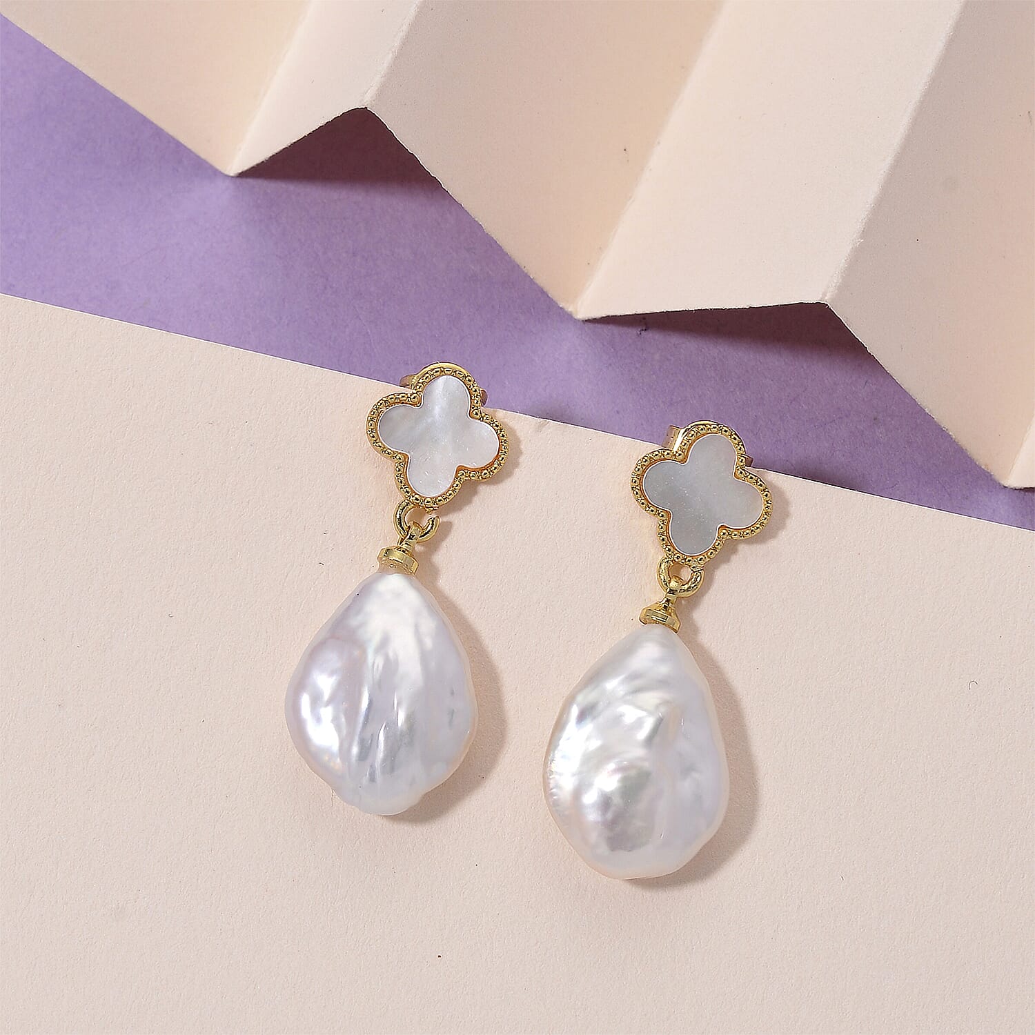 White Keshi Pearl & White Mother Of Pearl Earring with Push Back in Yellow Gold Tone 14.00 Ct.