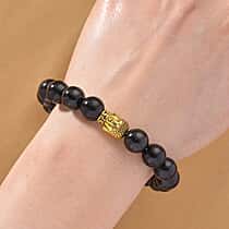 Natural Shungite Buddha Charm Bracelet (Size 7 BR-Stretchable) with Oxidised Yellow Gold tone 130.00 Ct.