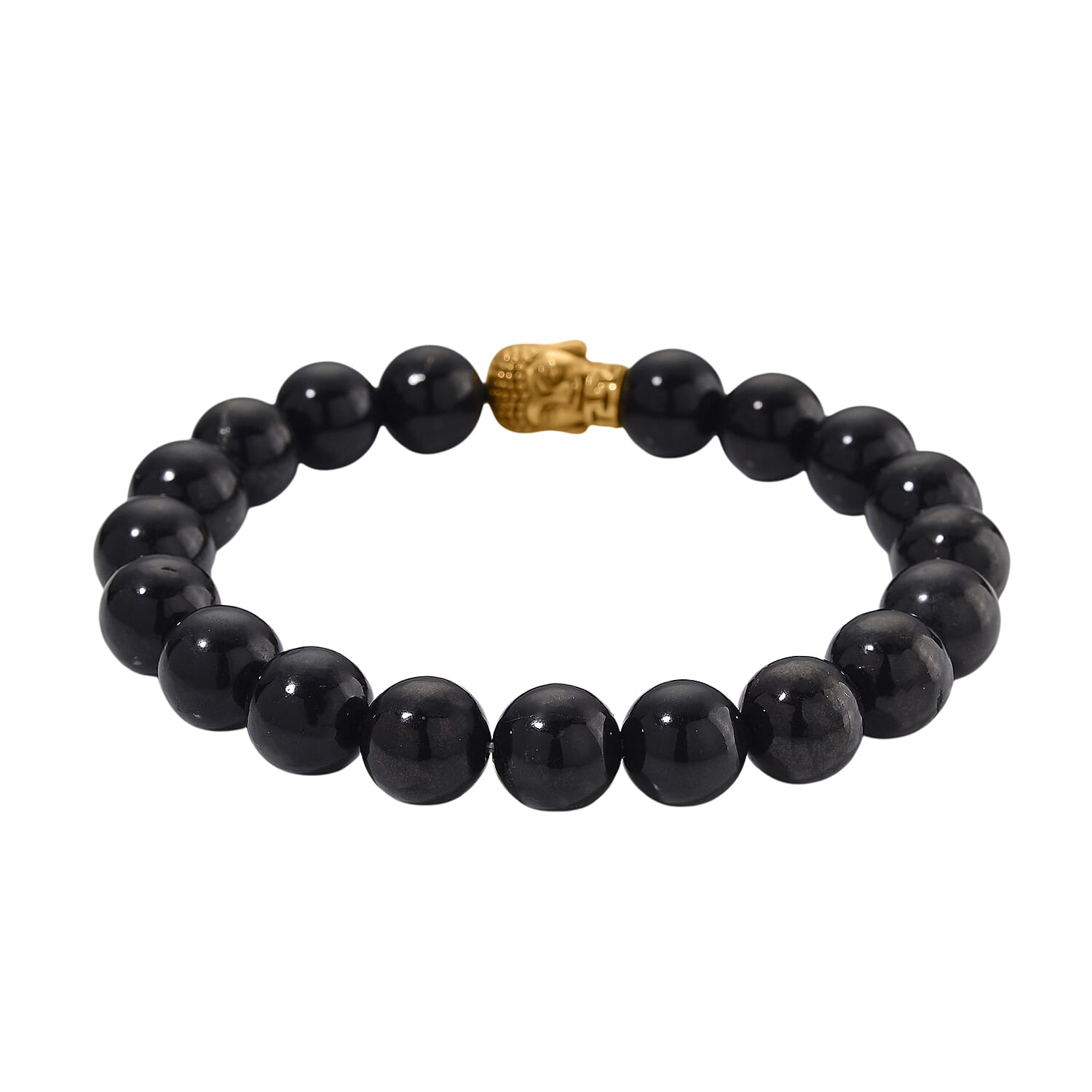 Natural Shungite Buddha Charm Bracelet (Stretchable) with Oxidisation in Yellow Gold Plating 130.00 Ct.