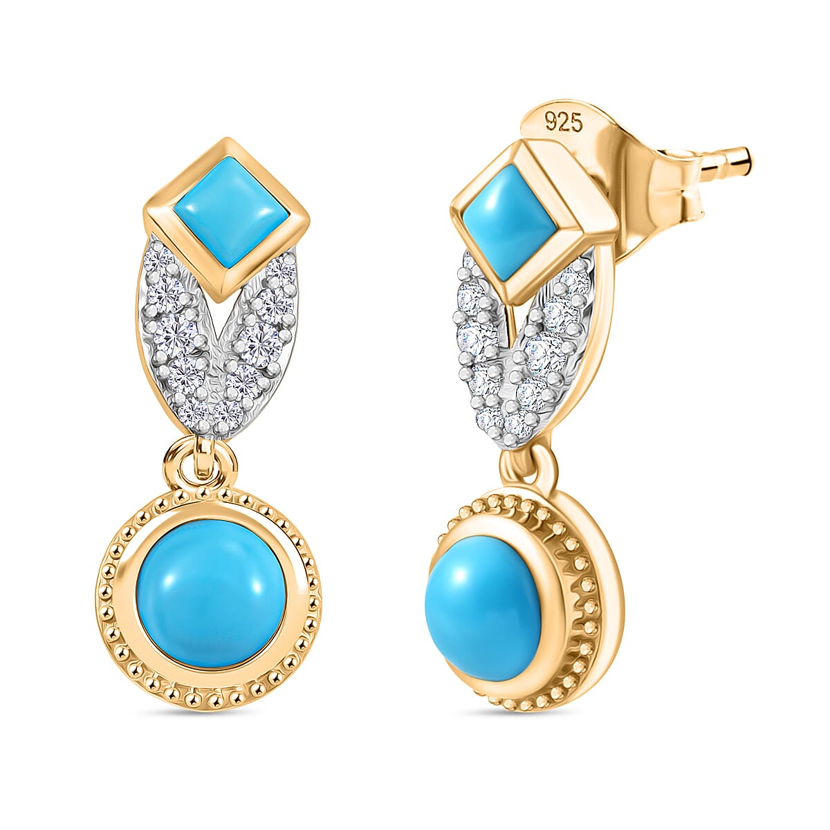 D'joy Sleeping Beauty Turquoise & White Zircon Stud Push Post Earring in Yellow Gold Plating Sterling Silver 1.00 Ct.