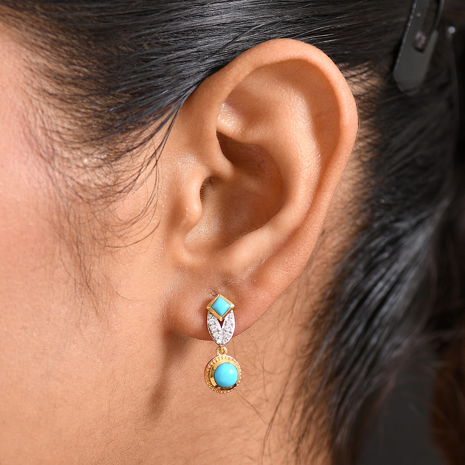 D'joy Sleeping Beauty Turquoise & White Zircon Stud Push Post Earring in Yellow Gold Plating Sterling Silver 1.00 Ct.