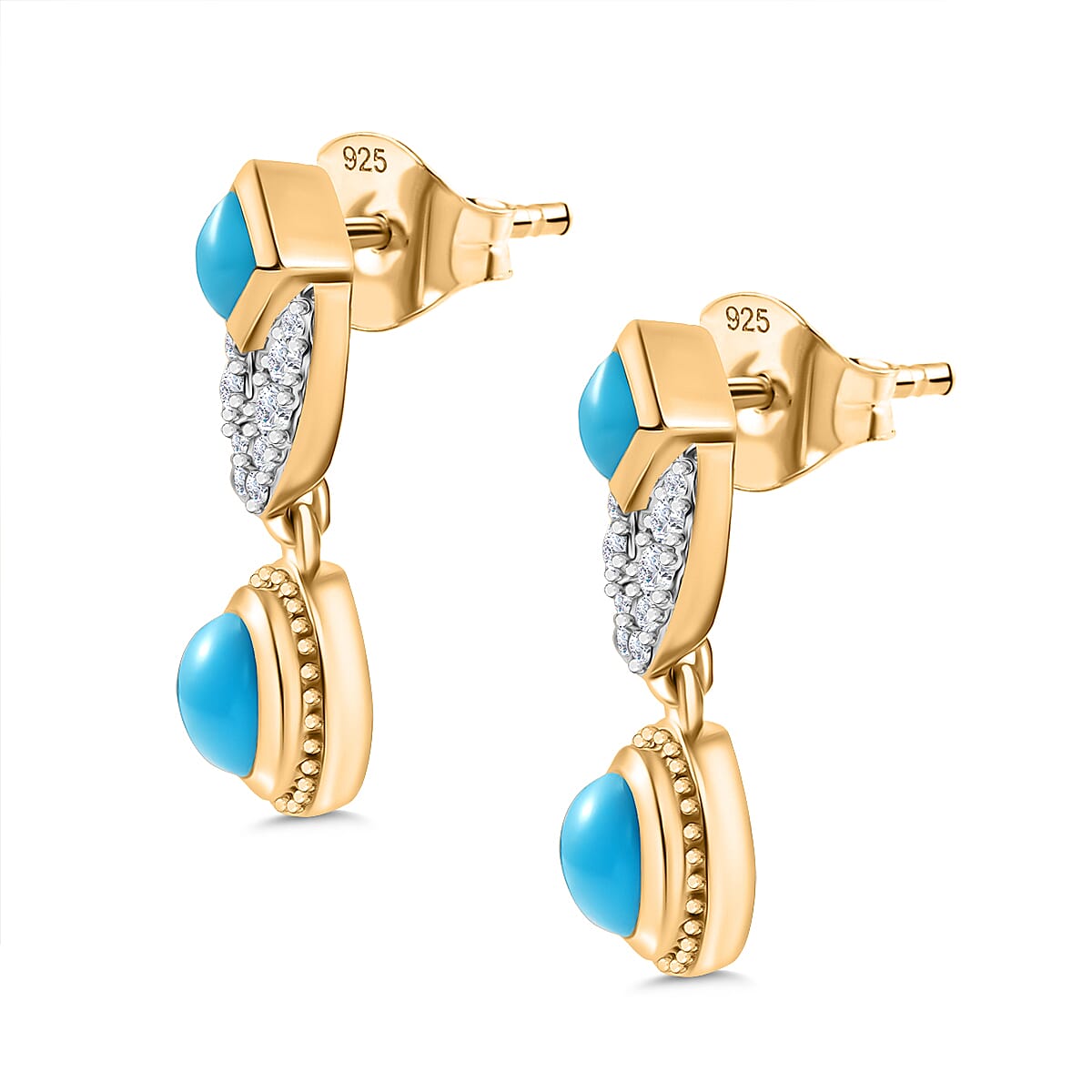 D'joy Sleeping Beauty Turquoise & White Zircon Stud Push Post Earring in Yellow Gold Plating Sterling Silver 1.00 Ct.