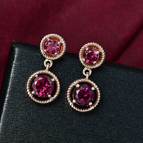Djoy Orissa Rhodolite Garnet Dangling Earring with Push Back in 18K Rose Gold Plating Sterling Silver 2.71 Ct.
