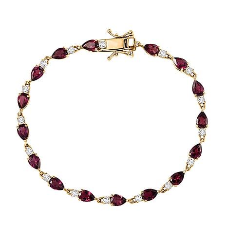 Djoy Rhodolite Garnet & White Zircon Line Bracelet 1 Row (Size - 7.5) with GB Lock Box in 18K Yellow Gold Plating Sterling Silver, 10.04 Ct, Silver Wt. 6.02 Gms.