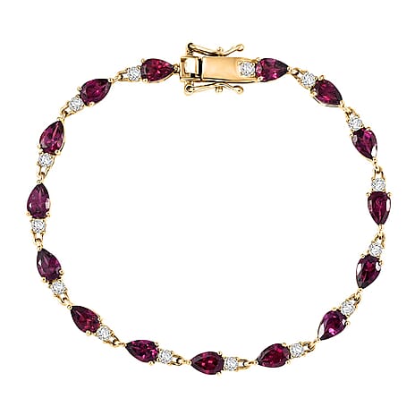Djoy Orissa Rhodolite Garnet & White Zircon Line Bracelet 1 Row (Size - 7) with GB Lock Box in 18K Yellow Gold Plating Sterling Silver 9.81 Ct, Silver Wt. 5.60 Gms.