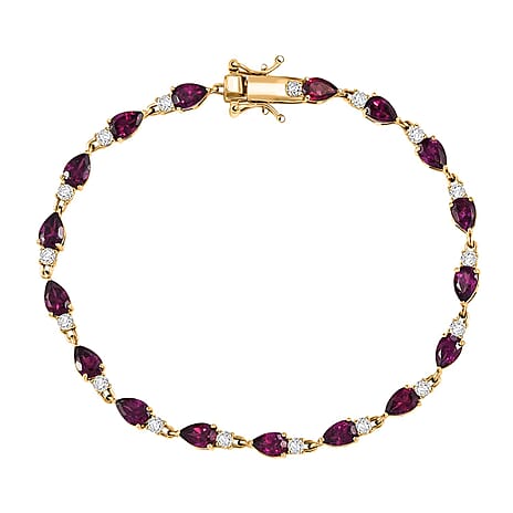Djoy Rhodolite Garnet & White Zircon Line Bracelet 1 Row (Size - 8) with GB Lock Box in 18K Yellow Gold Plating Sterling Silver 11.12 Ct, Silver Wt. 5.99 Gms.