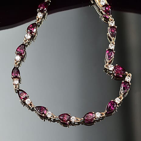 Djoy Rhodolite Garnet & White Zircon Line Bracelet 1 Row (Size - 8) with GB Lock Box in 18K Yellow Gold Plating Sterling Silver 11.12 Ct, Silver Wt. 5.99 Gms.