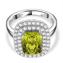 D'joy Peridot, White Zircon Double Halo Ring in Rhodium Overlay Sterling Silver 4 Ct.