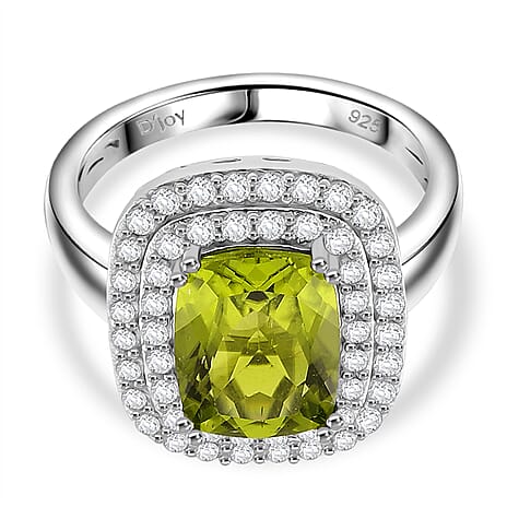 D’joy Peridot, White Zircon Main Stone With Side Stone Ring in Rhodium OverlaySterling Silver  4.000  Ct.