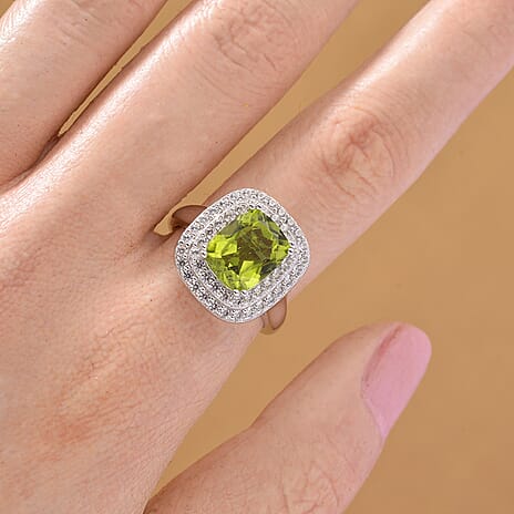 D’joy Peridot, White Zircon Main Stone With Side Stone Ring in Rhodium OverlaySterling Silver  4.000  Ct.