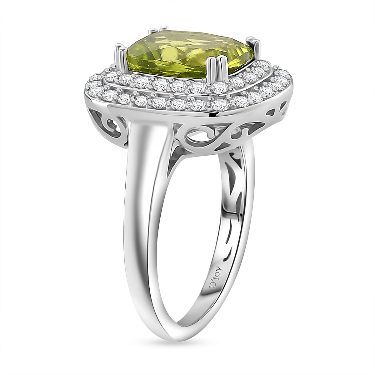D'joy Peridot White Zircon Ring in Rhodium Overlay Sterling Silver 4.00 Ct.