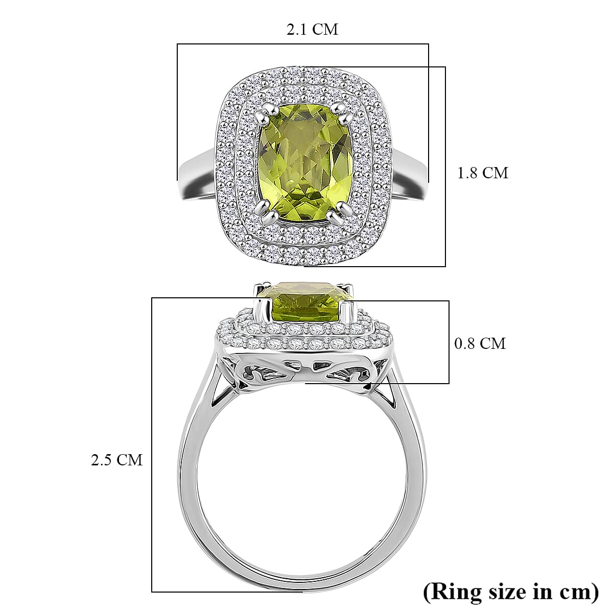 D'joy Peridot White Zircon Ring in Rhodium Overlay Sterling Silver 4.00 Ct.