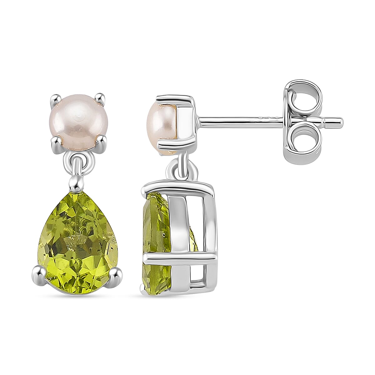 D'joy Peridot & White Fresh Water Pearl Dangling Earring with Push Back in Rhodium Overlay Sterling Silver 2.49 Ct.