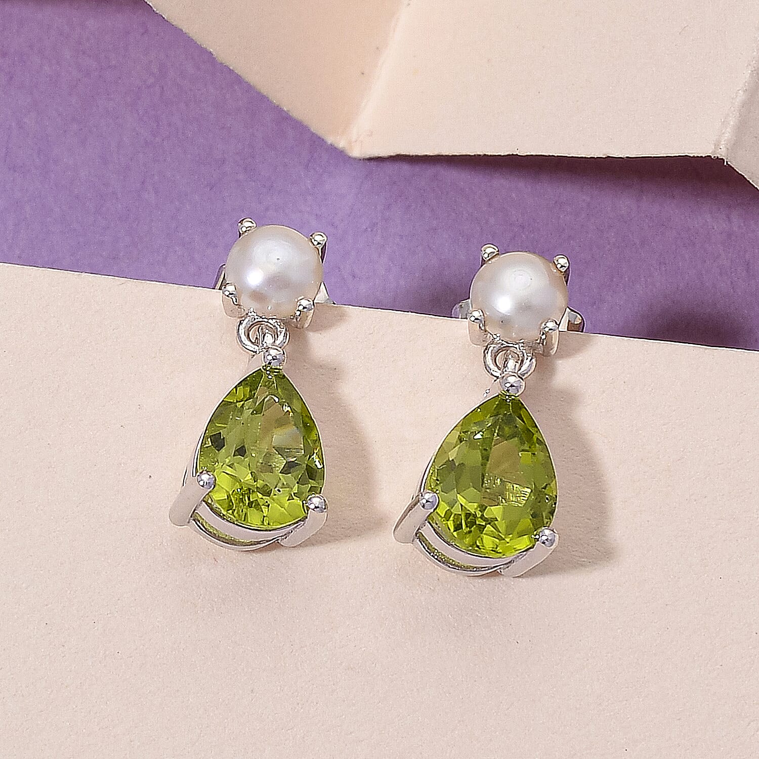 D'joy Peridot & White Fresh Water Pearl Dangling Earring with Push Back in Rhodium Overlay Sterling Silver 2.49 Ct.