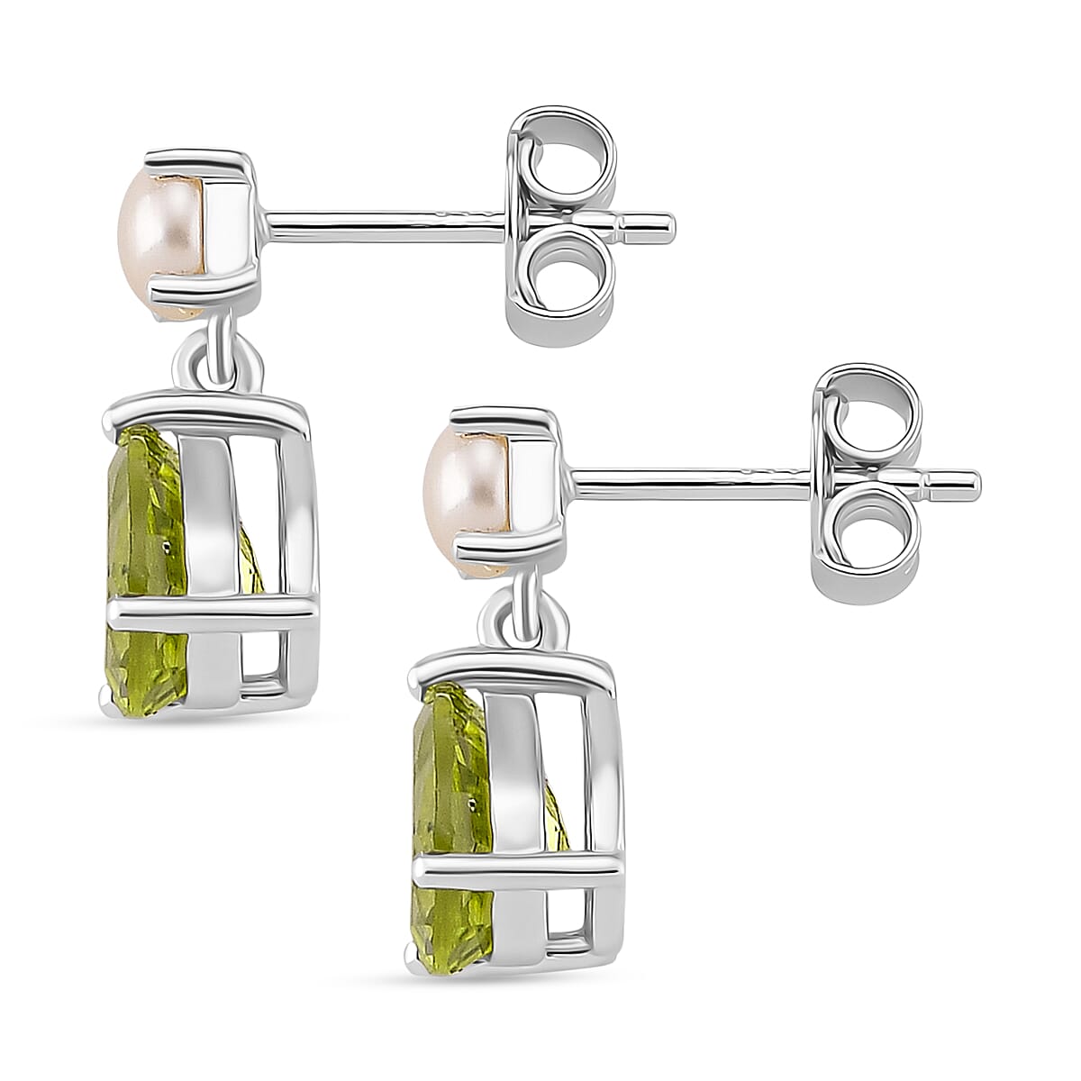 D'joy Peridot & White Fresh Water Pearl Dangling Earring with Push Back in Rhodium Overlay Sterling Silver 2.49 Ct.