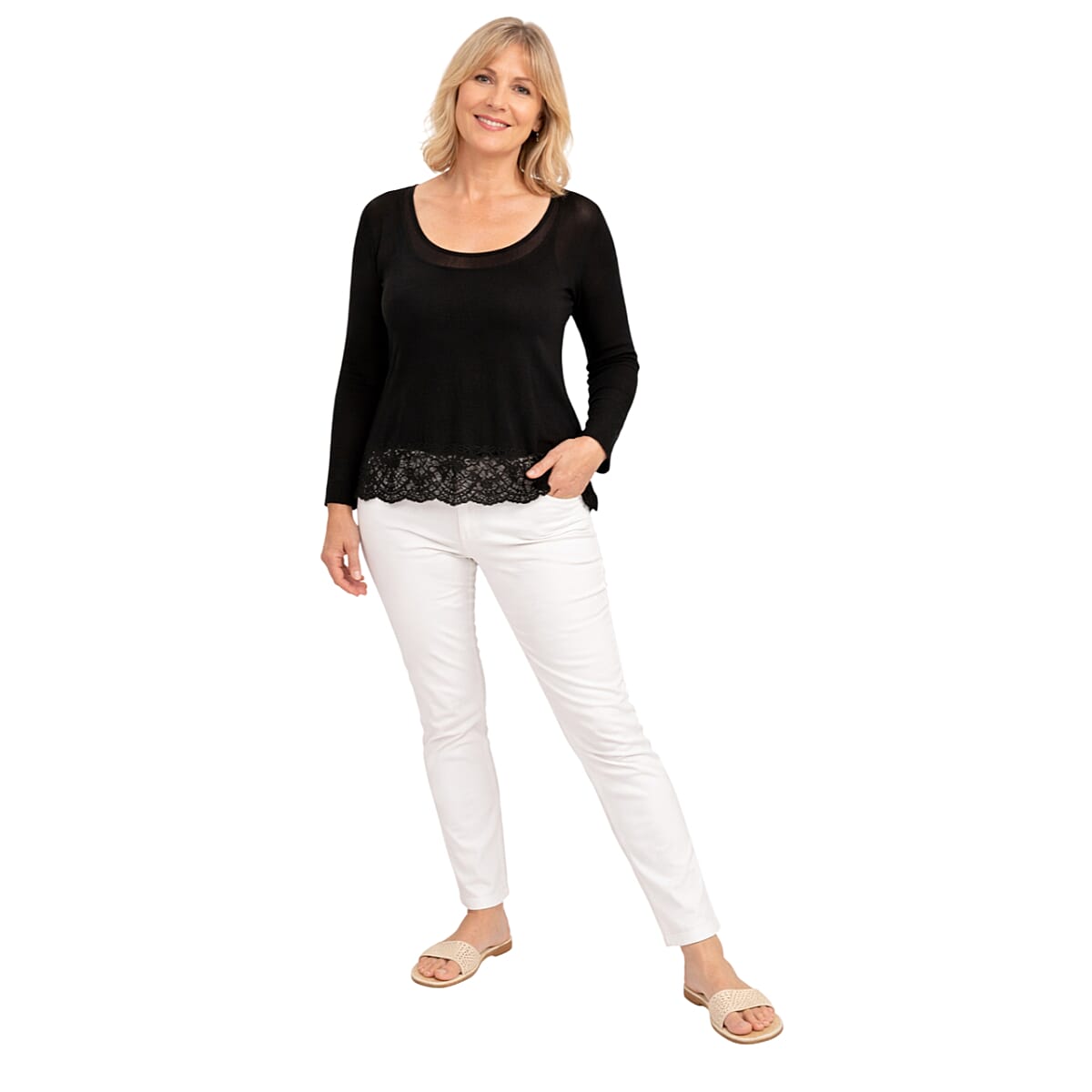 Pure And Nature Crochet Detail&nbsp;Scoop Neck Jumper (Size M, 12 to 14) - Black