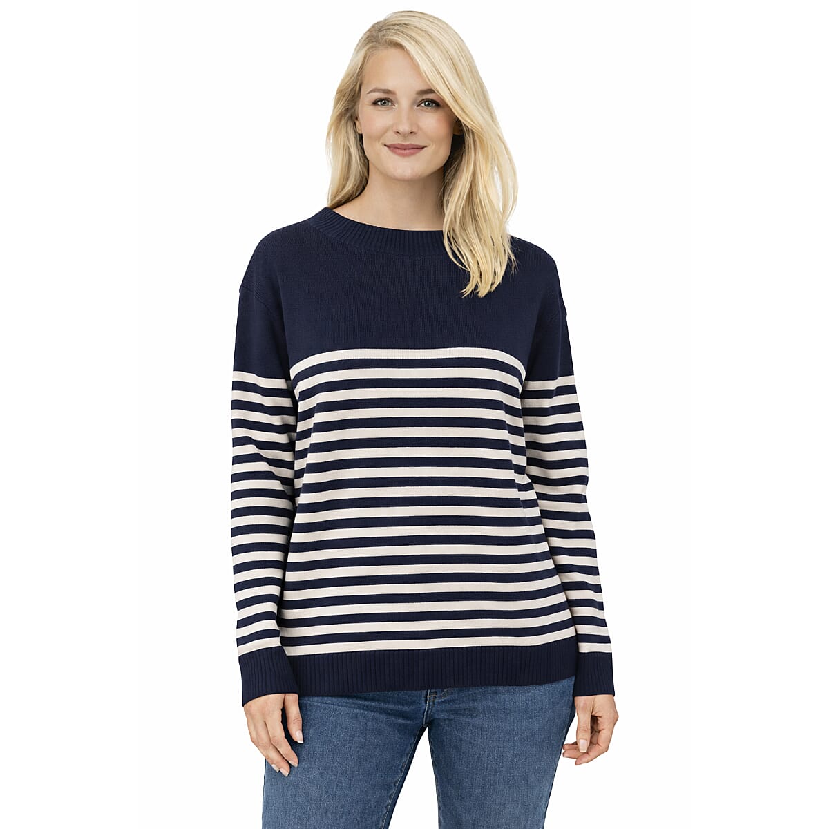 Pure And Natural Boat Neck Stripeed Jumper (Size 16 to 18) - Navy