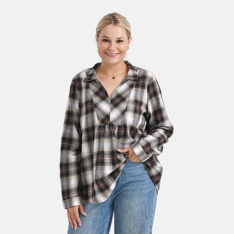 - Maisi Plaid Checkered Pattern Shirt (Size M) - Brown