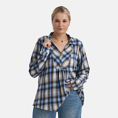 - Maisi Plaid Checkered Pattern Shirt (Size M) - Blue - Brown