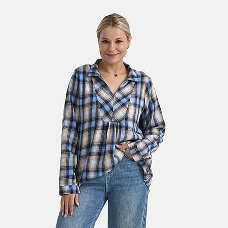 - Maisi Plaid Checkered Pattern Shirt (Size L) - Blue - Brown