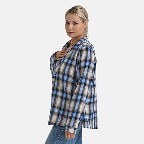 - Maisi Plaid Checkered Pattern Shirt (Size XL) - Blue - Brown