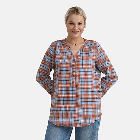 - Maisi Long Sleeve Plaid Checks Pattern Shirt (Size M) - Blue - Orange