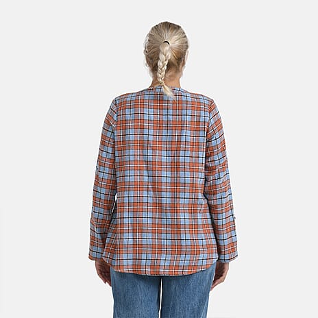 - Maisi Long Sleeve Plaid Checks Pattern Shirt (Size L) - Blue - Orange