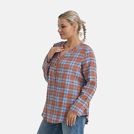 - Maisi Long Sleeve Plaid Checks Pattern Shirt (Size XL) - Blue - Orange