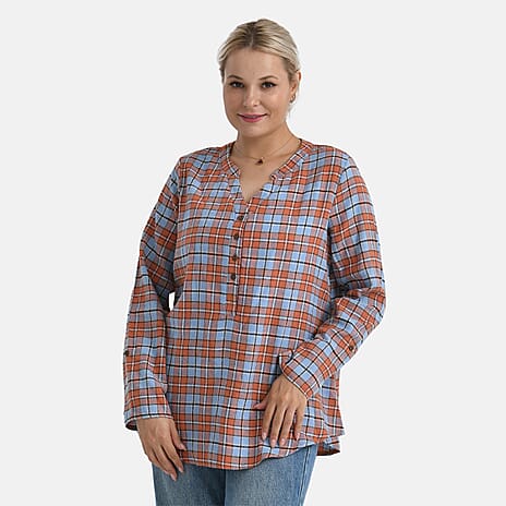 - Maisi Long Sleeve Plaid Checks Pattern Shirt (Size XL) - Blue - Orange