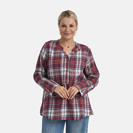 - Maisi Long Sleeve Plaid Checks Pattern Shirt (Size XL) - Red