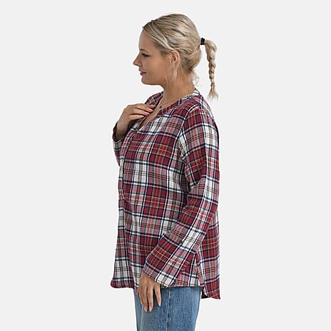 - Maisi Long Sleeve Plaid Checks Pattern Shirt (Size XL) - Red