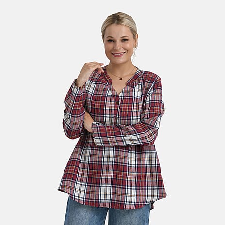 - Maisi Long Sleeve Plaid Checks Pattern Shirt (Size XL) - Red