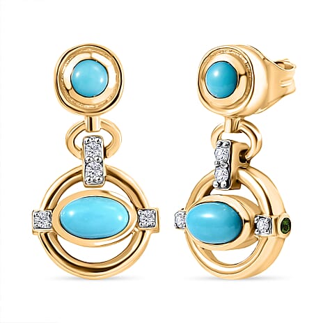 D'joy Sleeping Beauty Turquoise, Natural Chrome Diopside & White Zircon Earring with Push Back in Yellow Gold Plating Sterling Silver