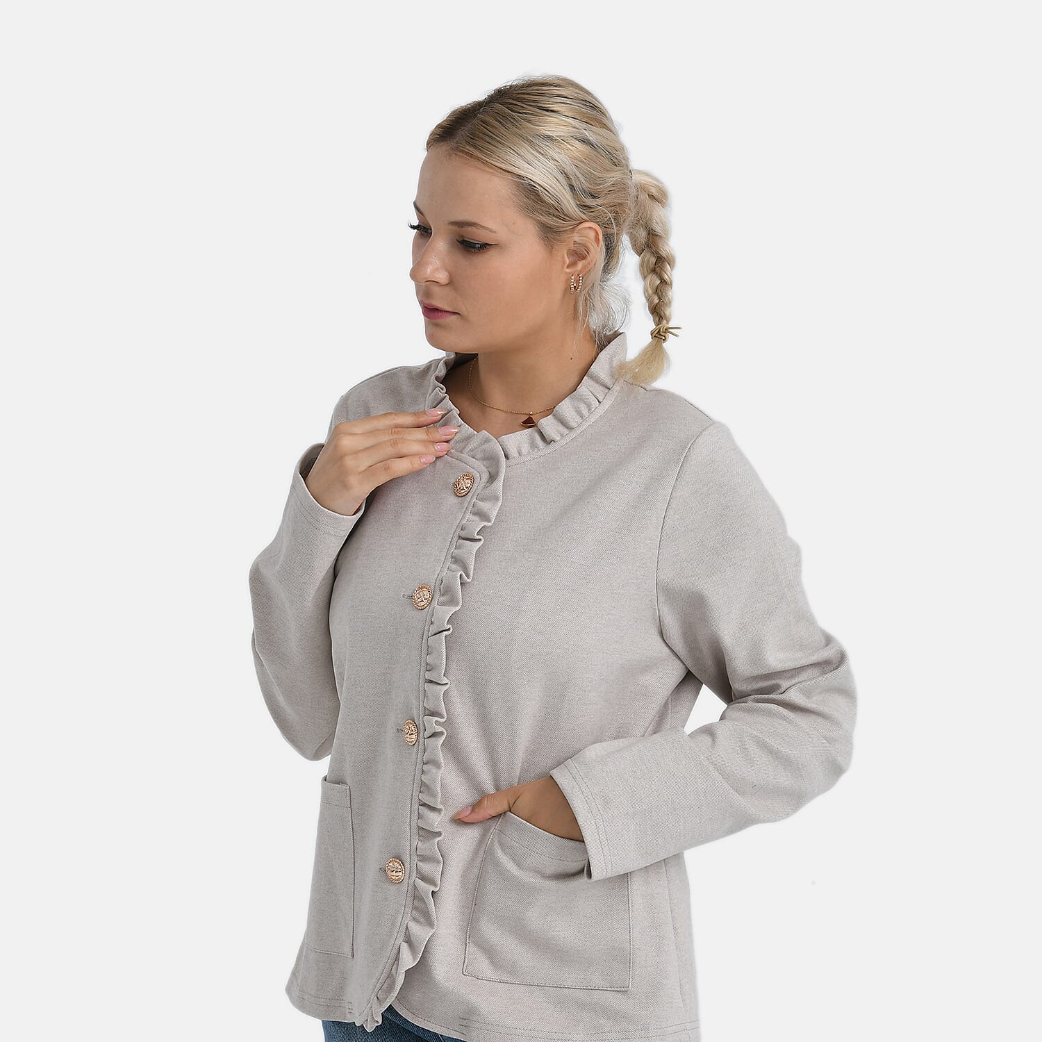 - Maisi Frill Trim Jacket With Gold Buttons - Pockets (Size 12 to 14) - Beige