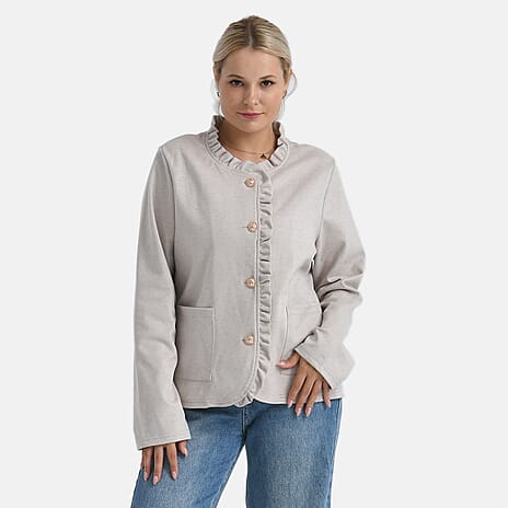 - Maisi Lace-Trimmed Ruffle Blouse with Front Pocket (Size 16 to 18) - Beige