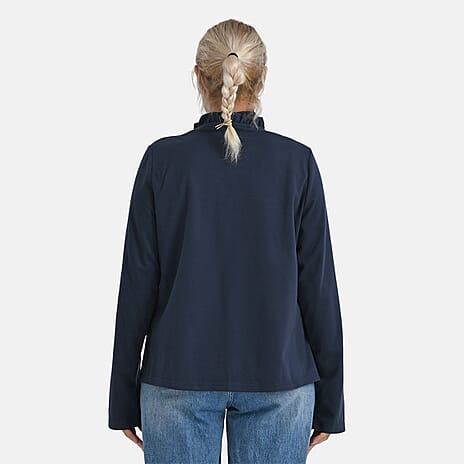 THE LUXE LAYER COLLECTION - -Maisi Frill Trim Gold Button Suede Feel Jacket (Size S, 8 to 10) - Navy