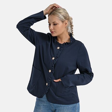 -Maisi Frill Trim Gold Button Suede Feel Jacket (Size XL, 20 to 22) - Navy