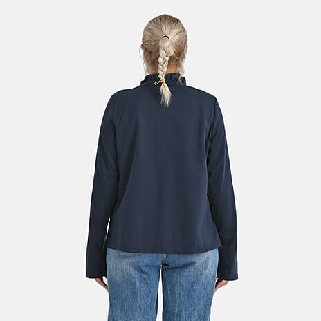 -Maisi Frill Trim Gold Button Suede Feel Jacket (Size XL, 20 to 22) - Navy