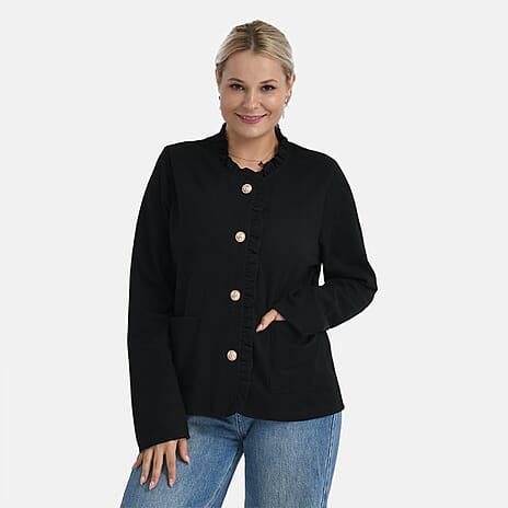 THE LUXE LAYER COLLECTION- -Maisi Frill Trim Gold Button Suede Feel Jacket (Size M, 12 to 14) - Black