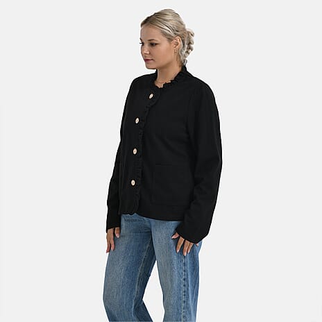 THE LUXE LAYER COLLECTION- -Maisi Frill Trim Gold Button Suede Feel Jacket (Size M, 12 to 14) - Black