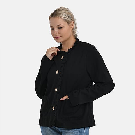 THE LUXE LAYER COLLECTION- -Maisi Frill Trim Gold Button Suede Feel Jacket (Size M, 12 to 14) - Black