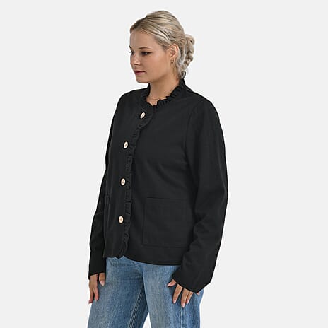 -Maisi Frill Trim Gold Button Suede Feel Jacket (Size L, 16 to 18) - Black