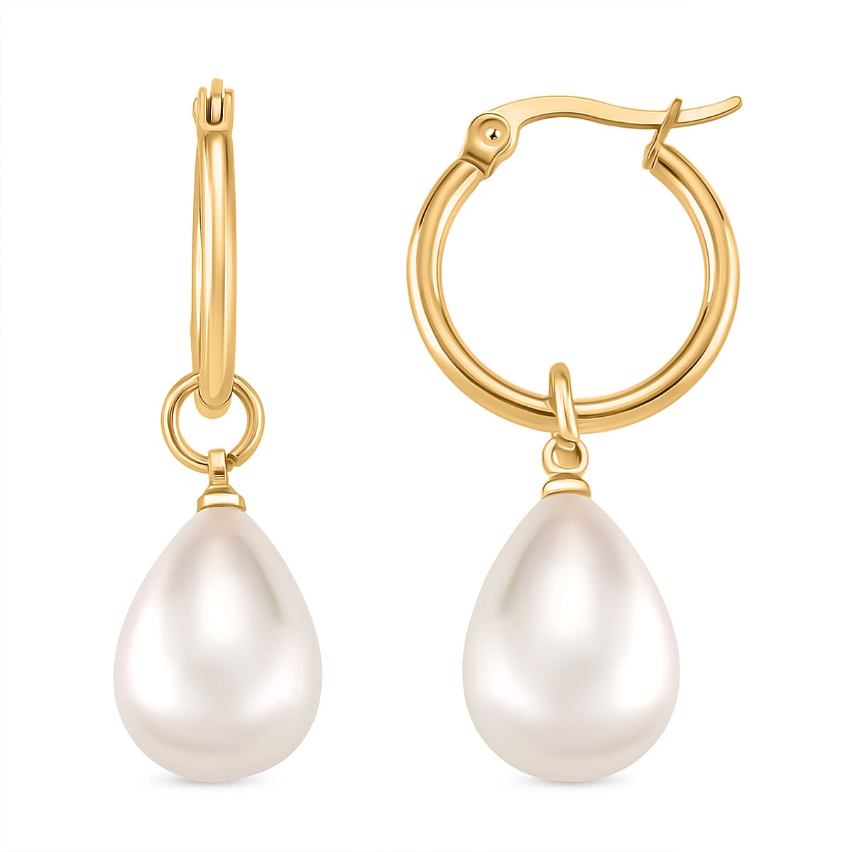 White Shell Pearl Drop Hoop Earrings in Yellow Gold Plated 30.00 Ct.